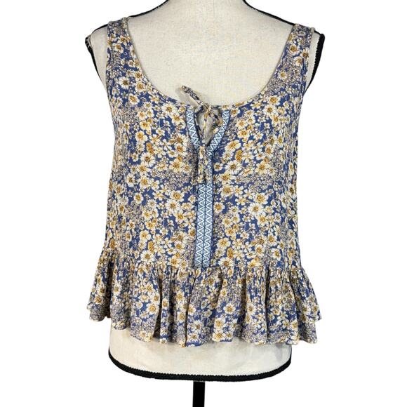 Patrons of Peace Small Tank Top Sleeveless Floral Keyhole Embroidered Ruffled - Picture 1 of 8